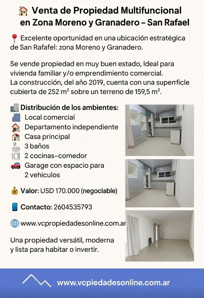 Vendo 3 propiedades Casa, Depto, local, garage doble. San Rafael..