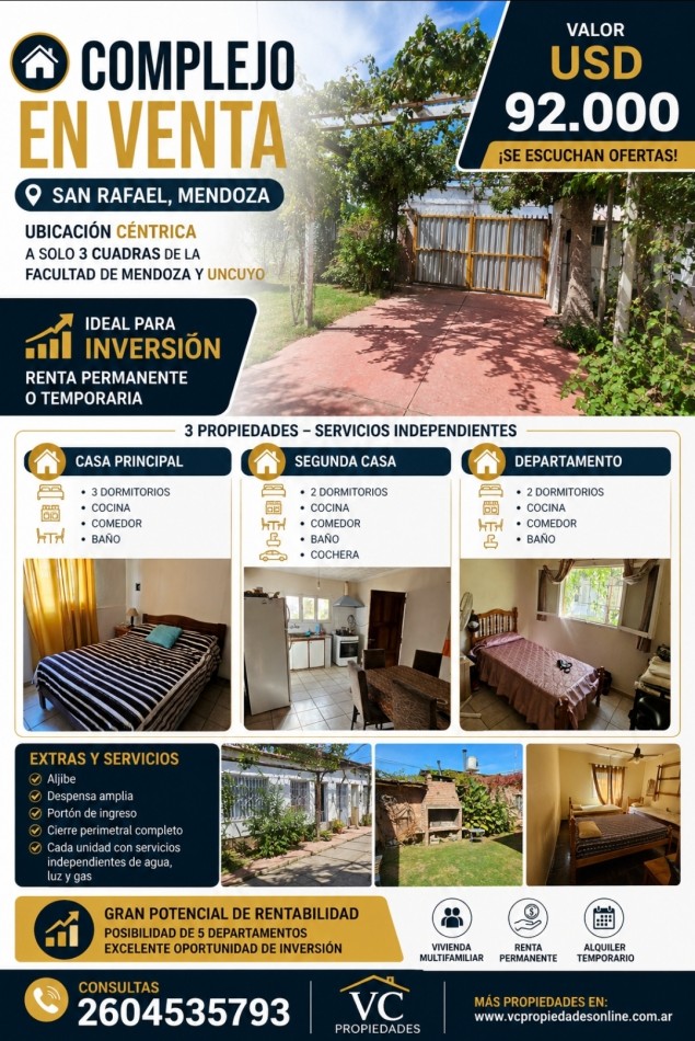 Complejo 3 casas en Venta en San Rafael, Mendoza - 3 Propiedades | Zona Centrica 540 m²| USD 92.000