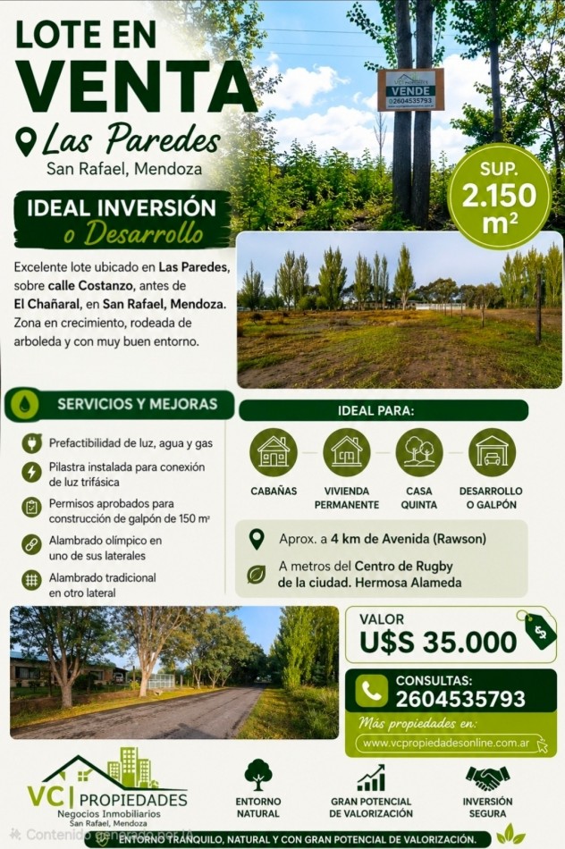 Vendo lote Amplio terreno en calle Costanzo San Rafael 2150 m²